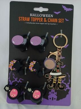 Halloween Straw Topper & Chain Set 7 PCs Witch Hat Potion Crystal Ball